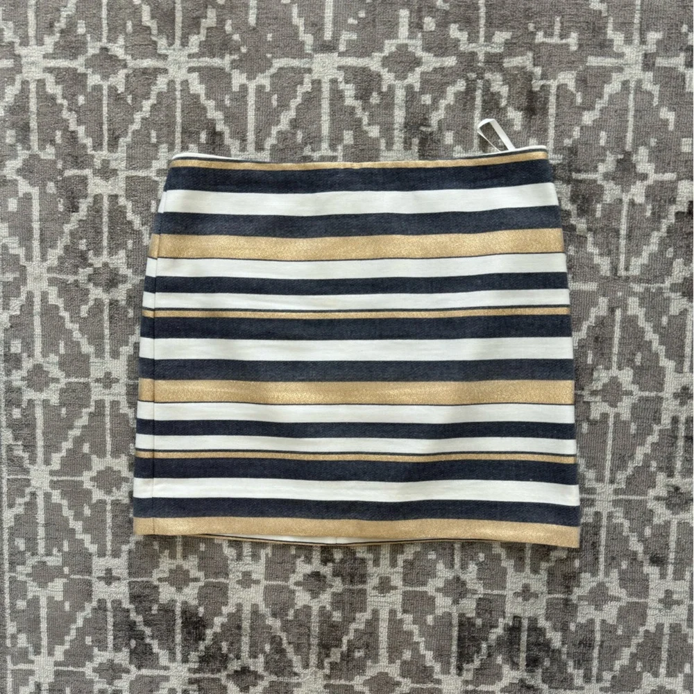 J.Crew Chambray Metallic Gold cream Off White Denim Striped Mini Skirt Lined 4
